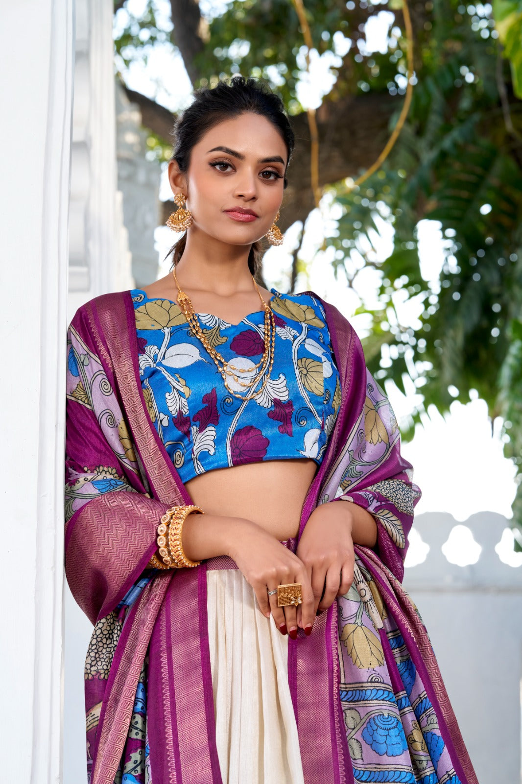 Off white color dola silk printed lehenga choli with dupatta online