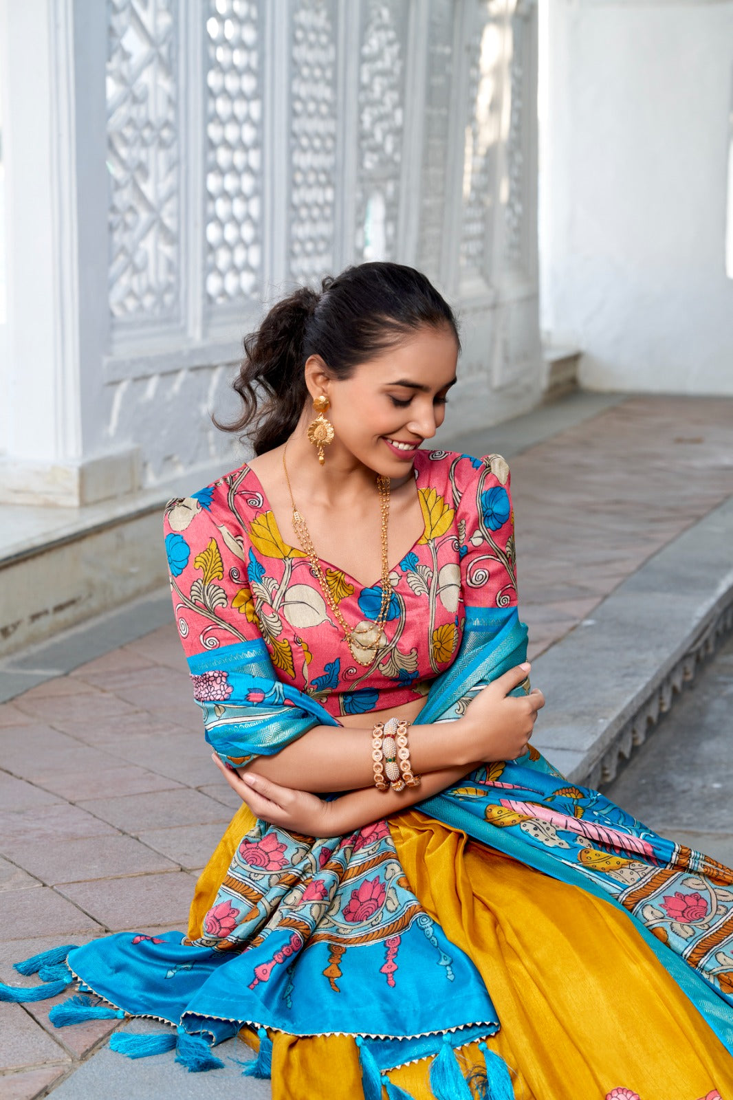 Yellow color dola silk printed lehenga choli with dupatta online shopping