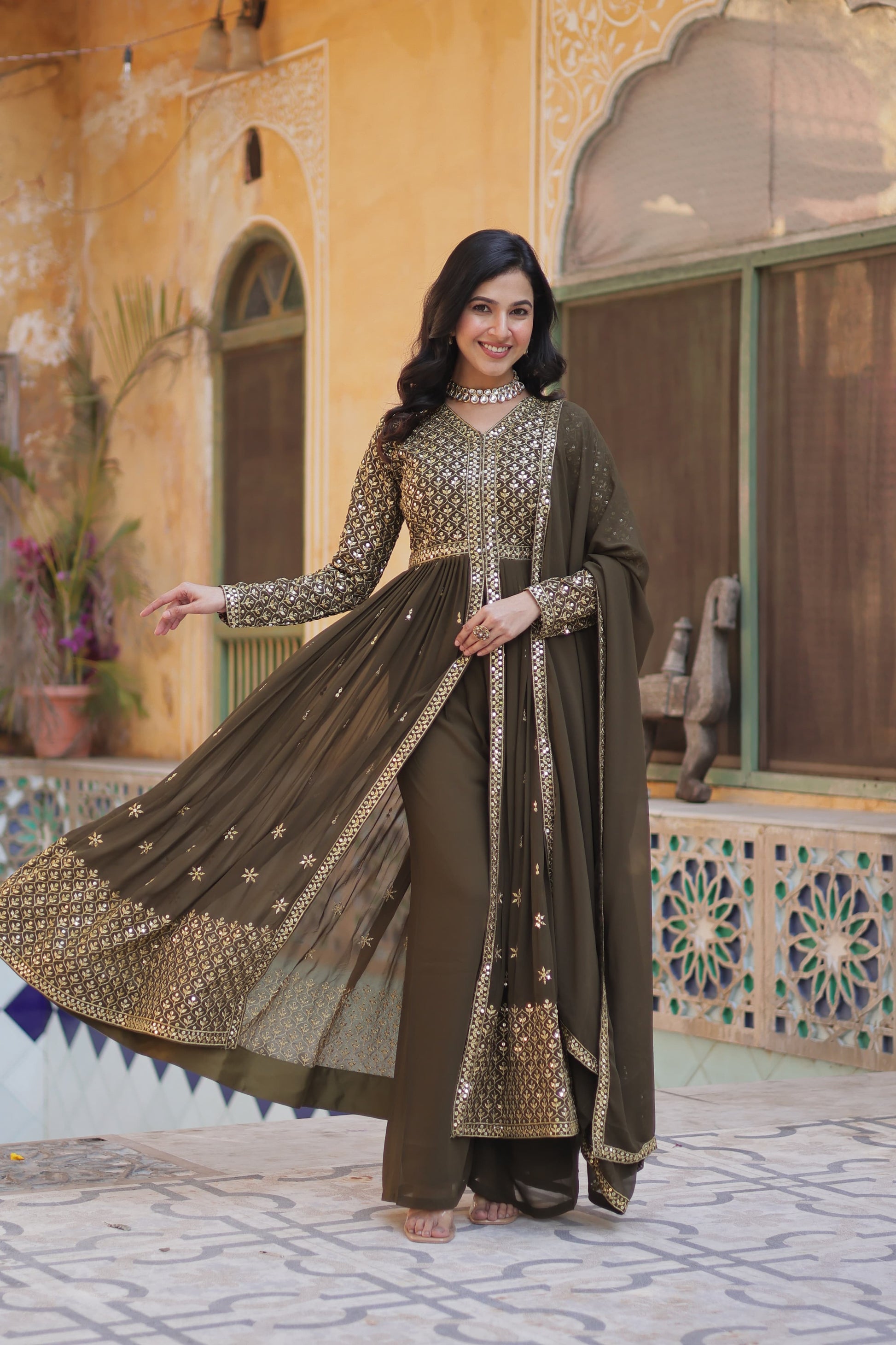 Green color georgette sharara suit with dupatta price