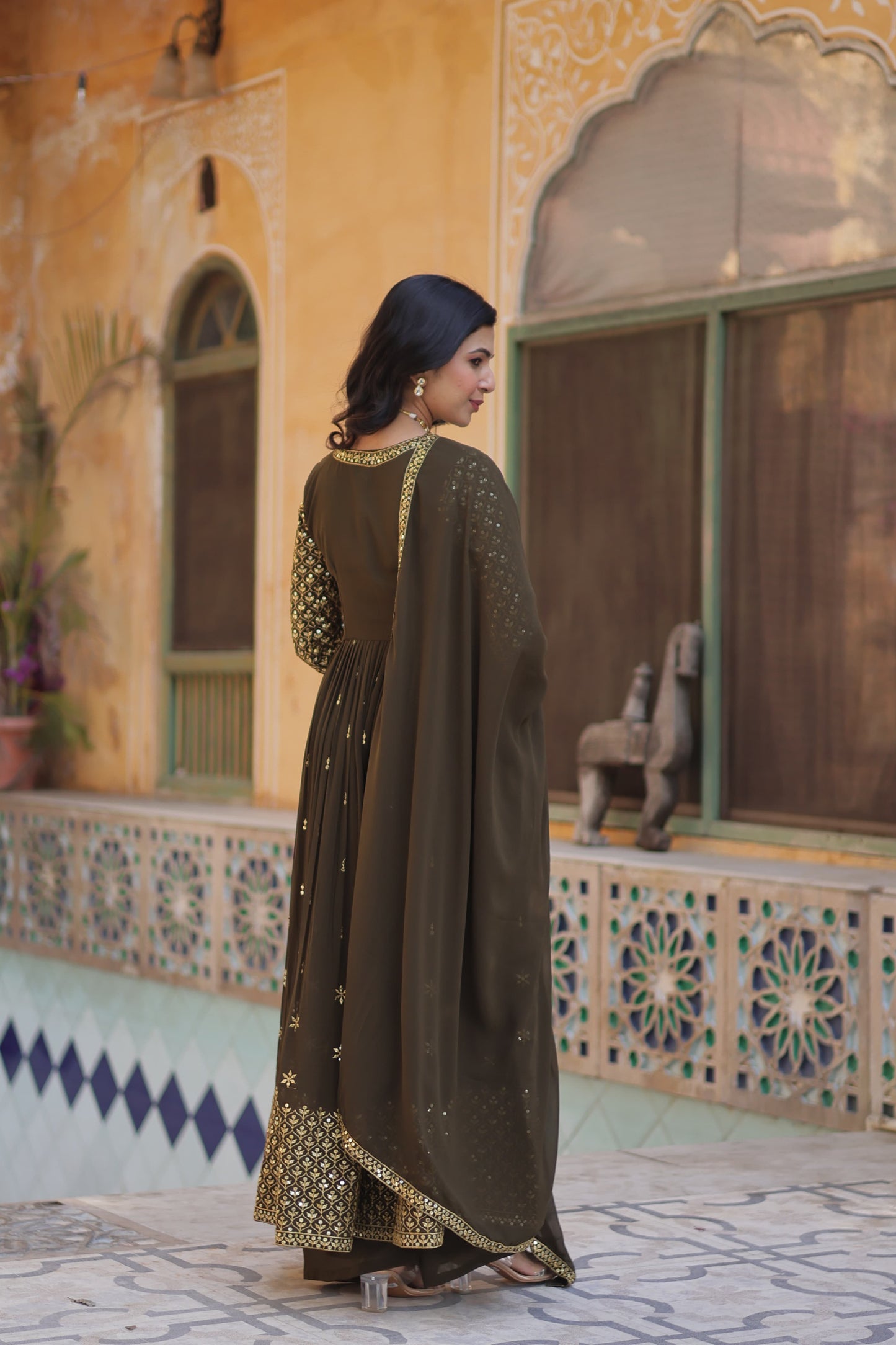 Green color georgette sharara suit with dupatta online