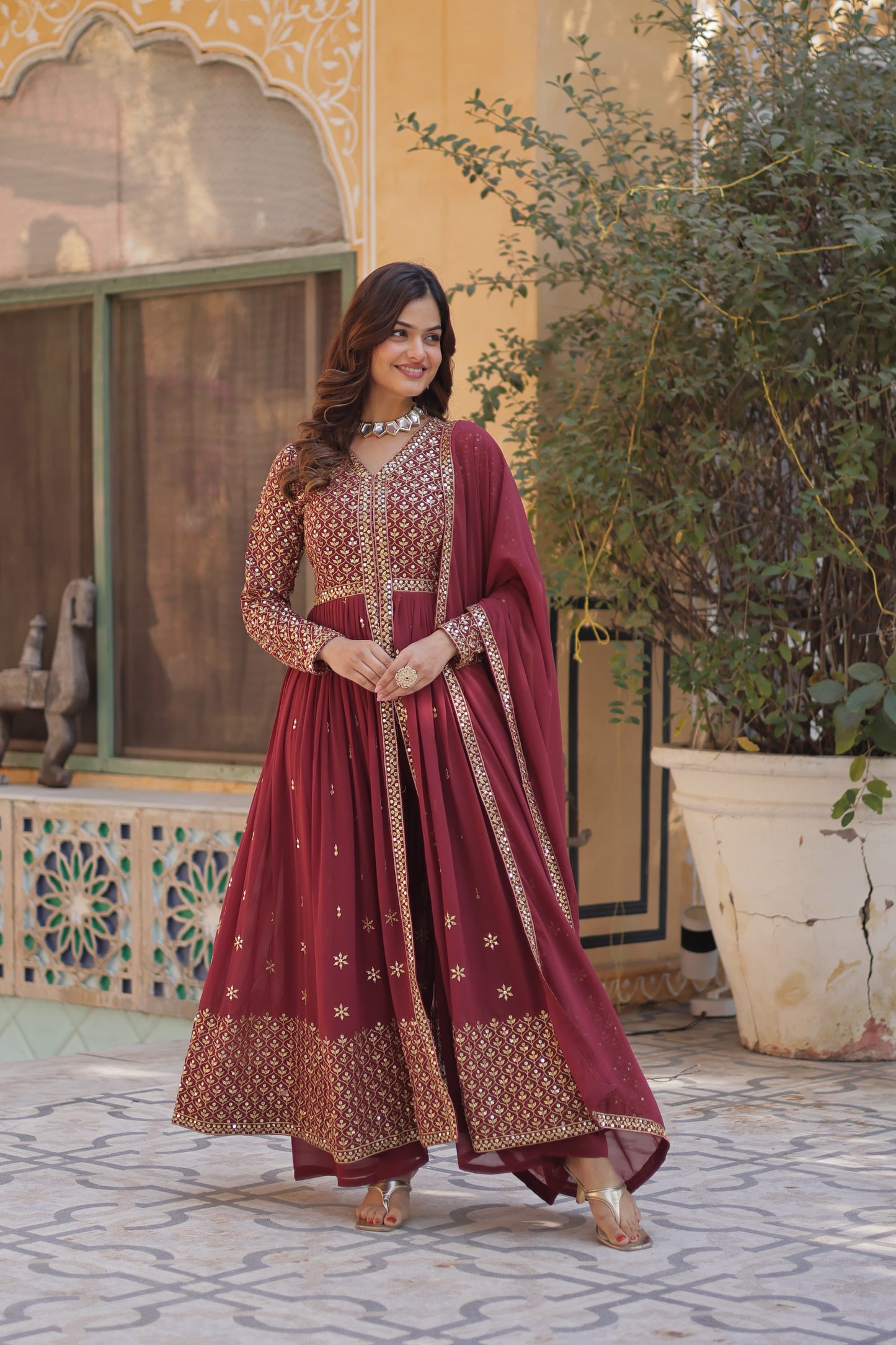 Gajri Color Georgette Readymade Stitched Sharara Suit