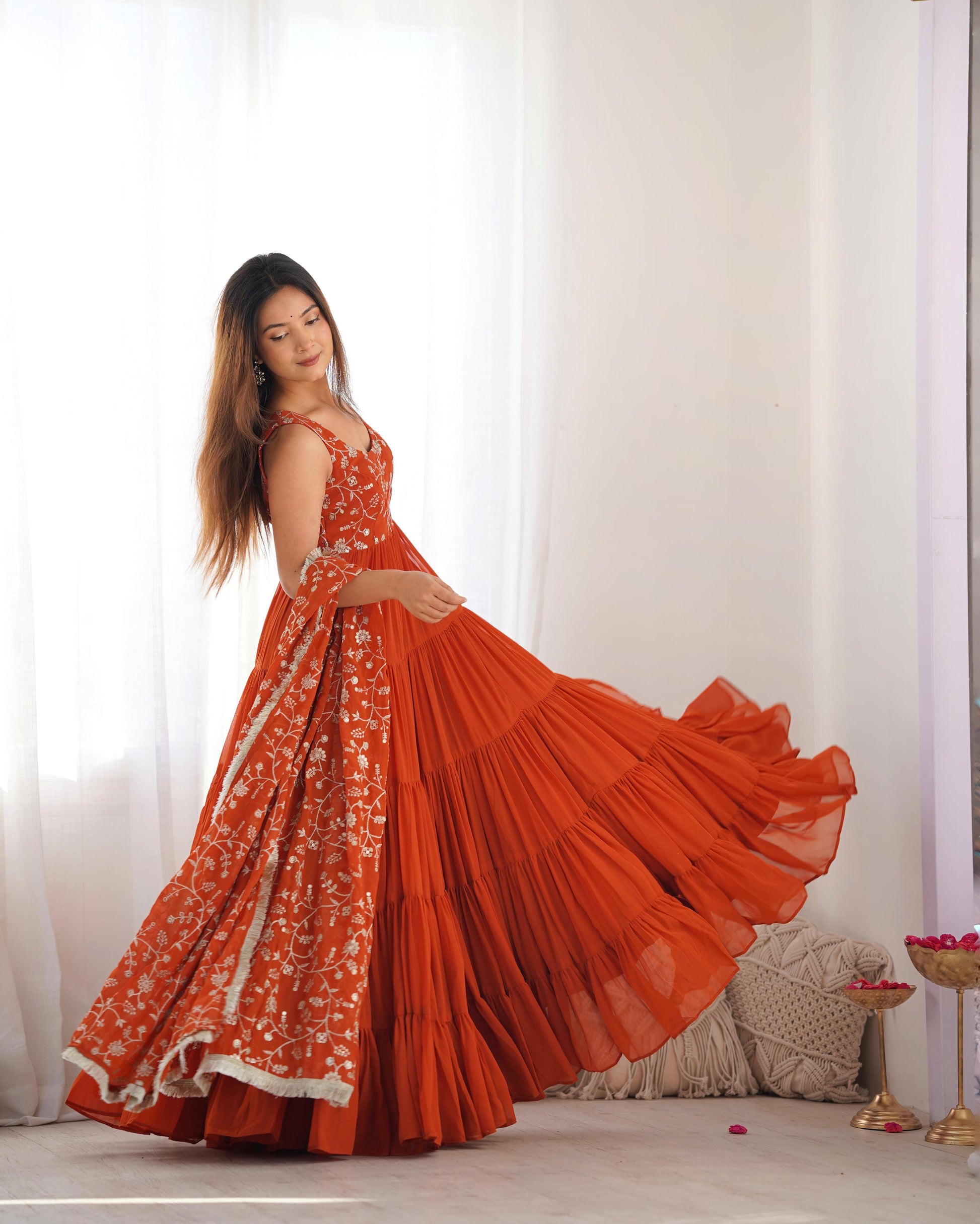 Rust color georgette long gown with dupatta price