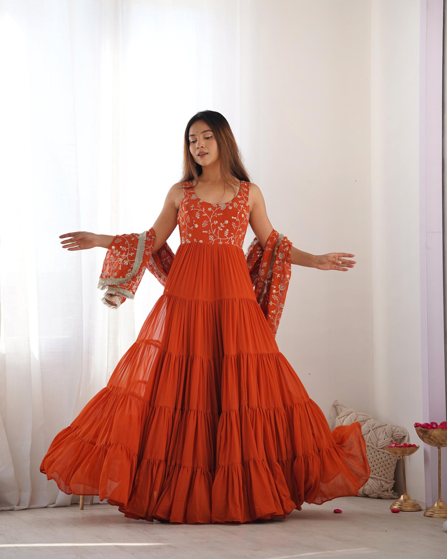 Rust color georgette long gown with dupatta online