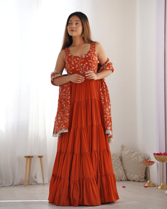 Rust color georgette long gown with dupatta