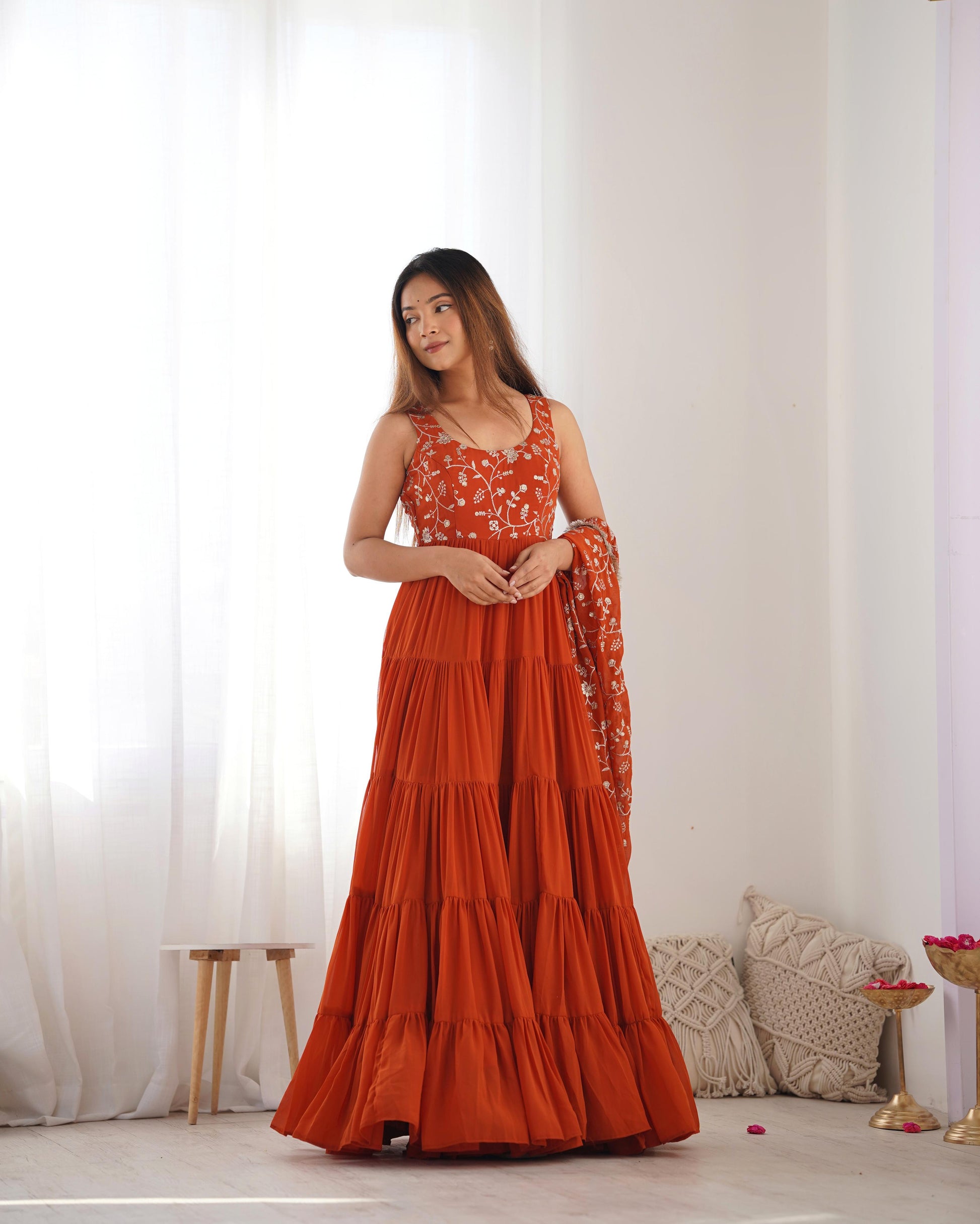 Mesmerizing Rust Color Georgette Designer Long Gown For Eid XS / Rust Mesmerizing Rust Color Georgette Designer Long Gown For Eid XS / Rust