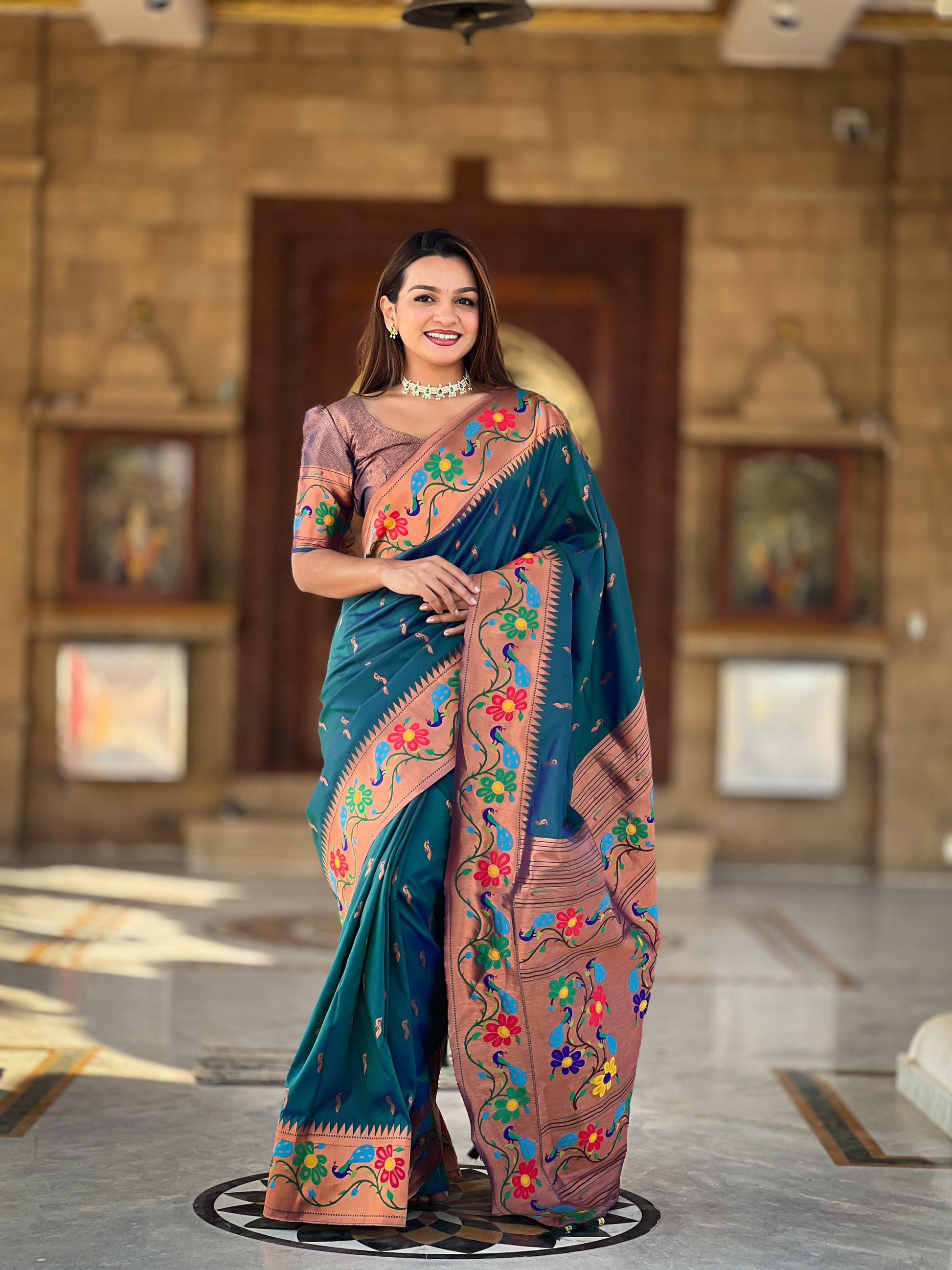 Rama color paithani silk saree for women 