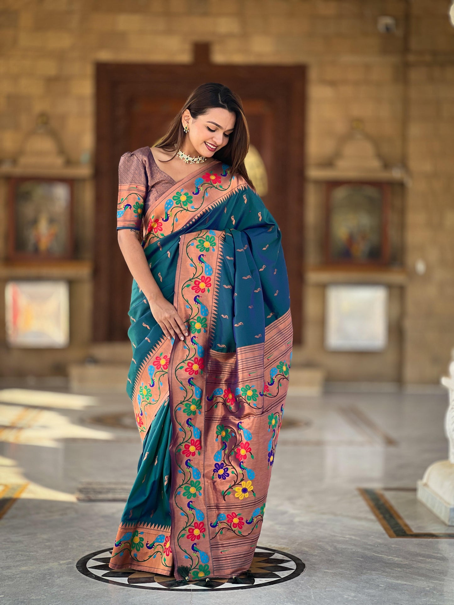 Rama color paithani silk saree with blouse