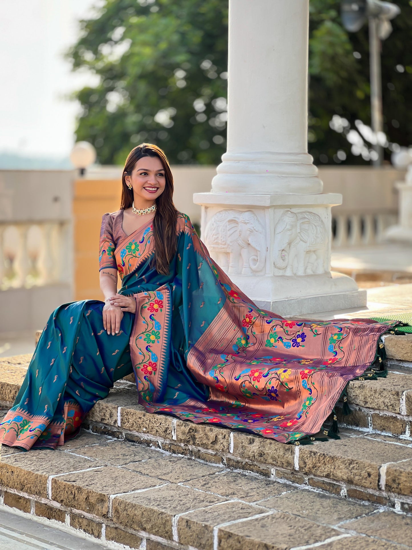 Rama color paithani silk saree with blouse online