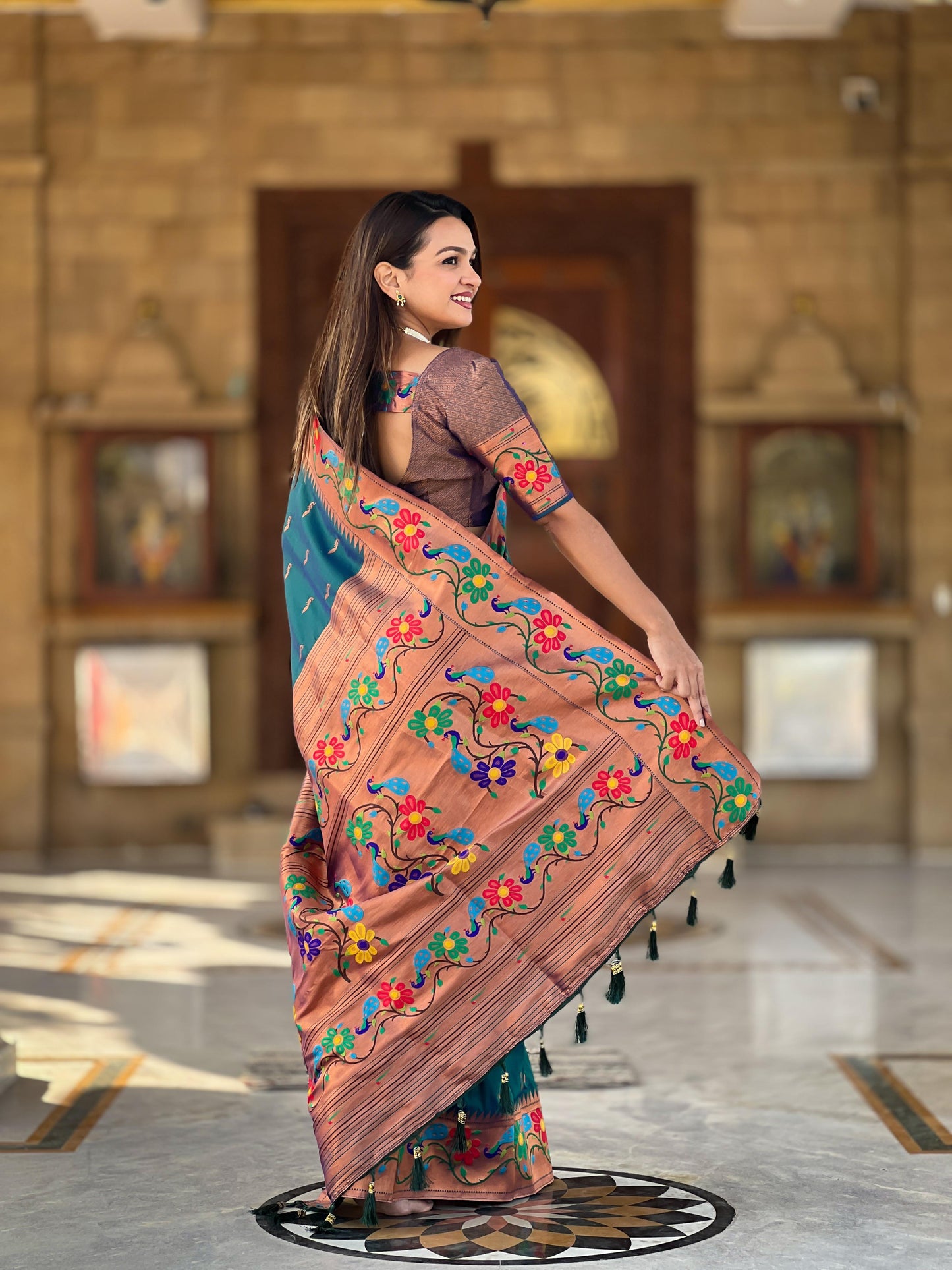 Rama color paithani silk saree with blouse design