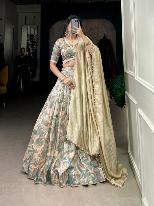 Sea green color tussar silk lehenga choli for women