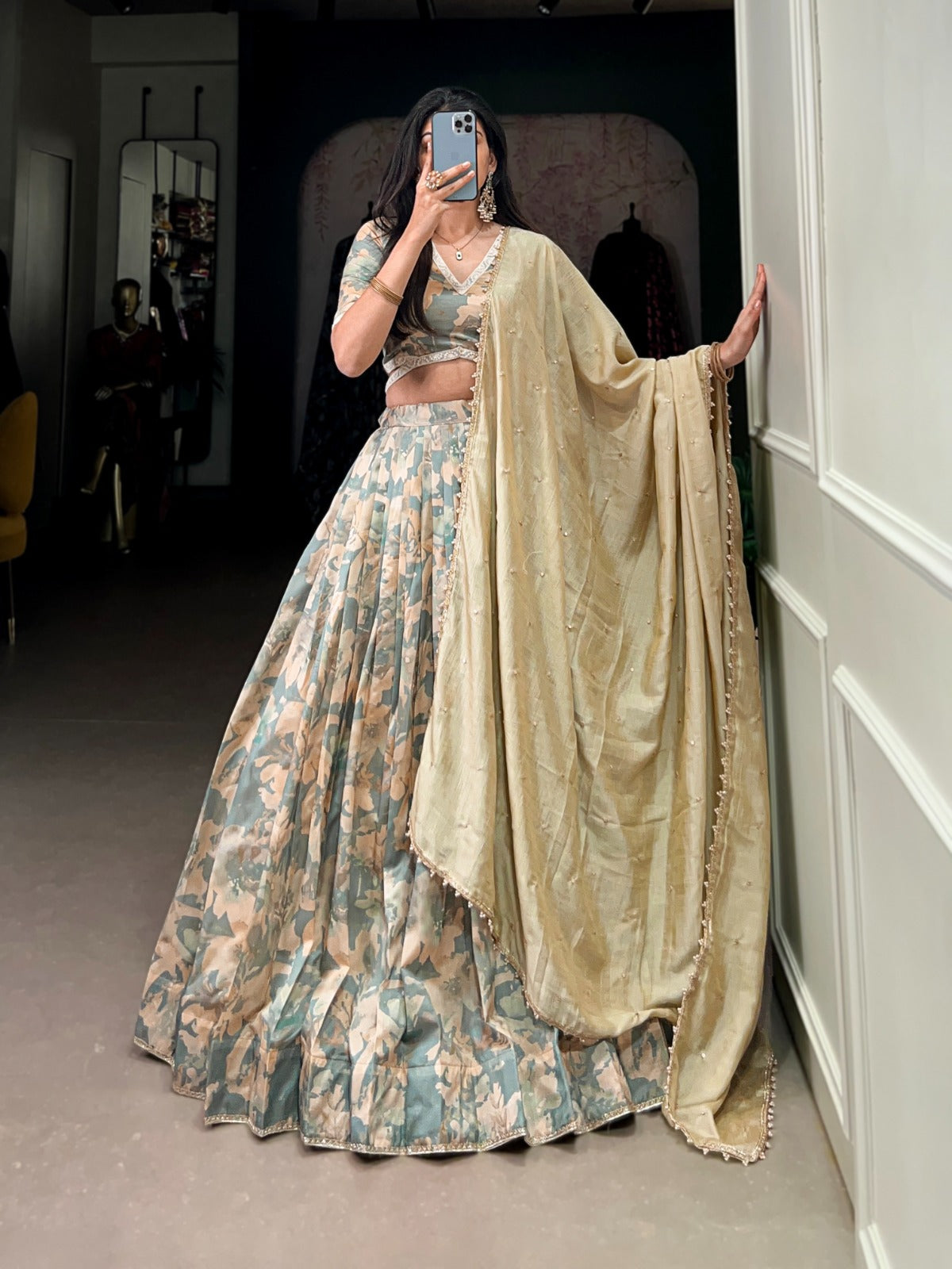 Sea green color tussar silk lehenga choli with dupatta price 