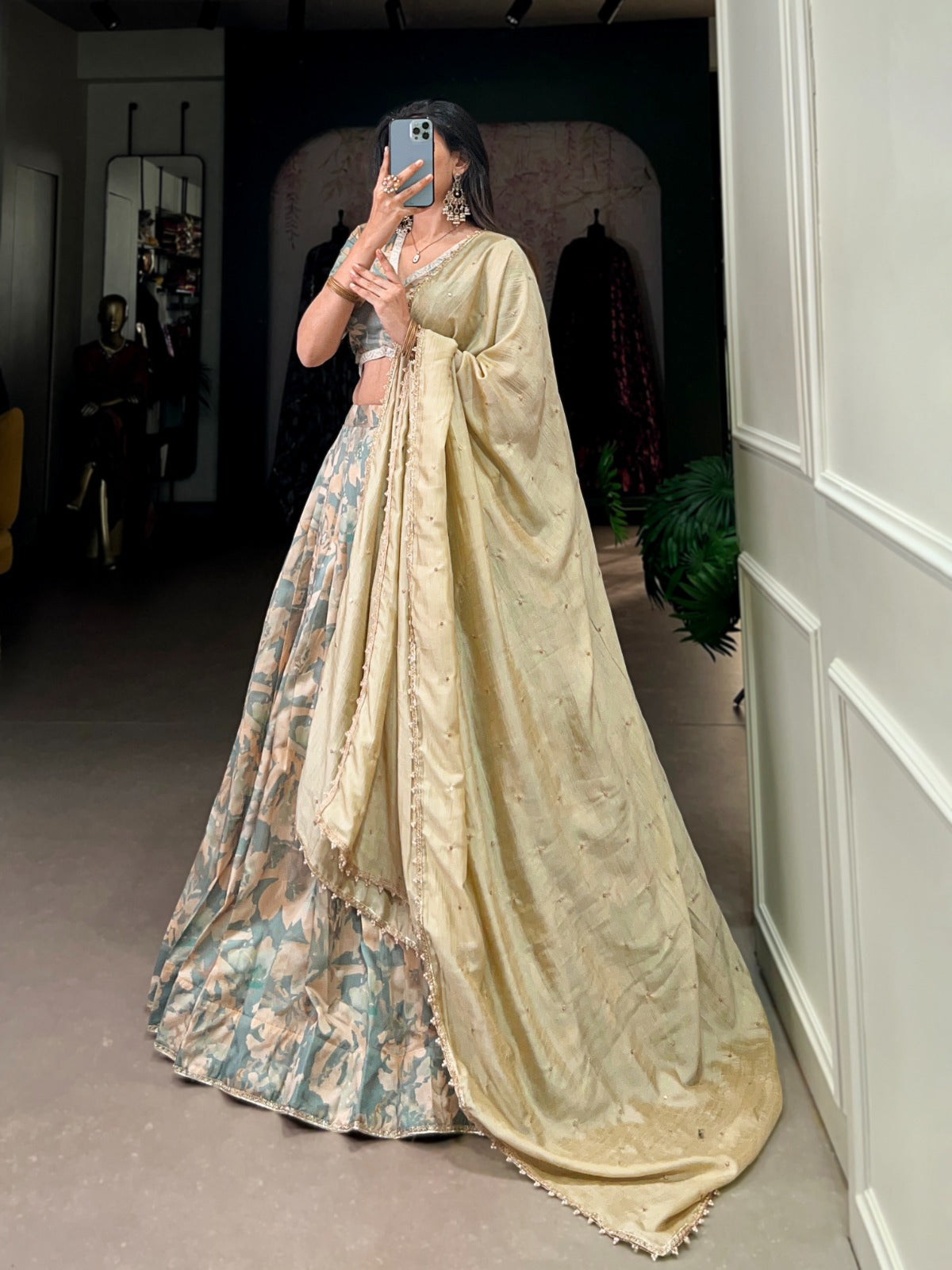 Sea green color tussar silk lehenga choli with dupatta online 