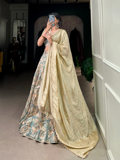 Sea green color tussar silk lehenga choli with dupatta online 
