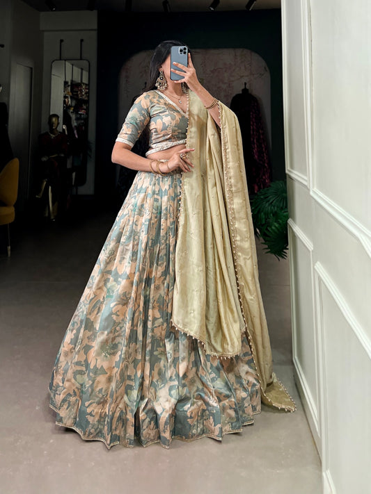 Sea green color tussar silk lehenga choli with dupatta images 
