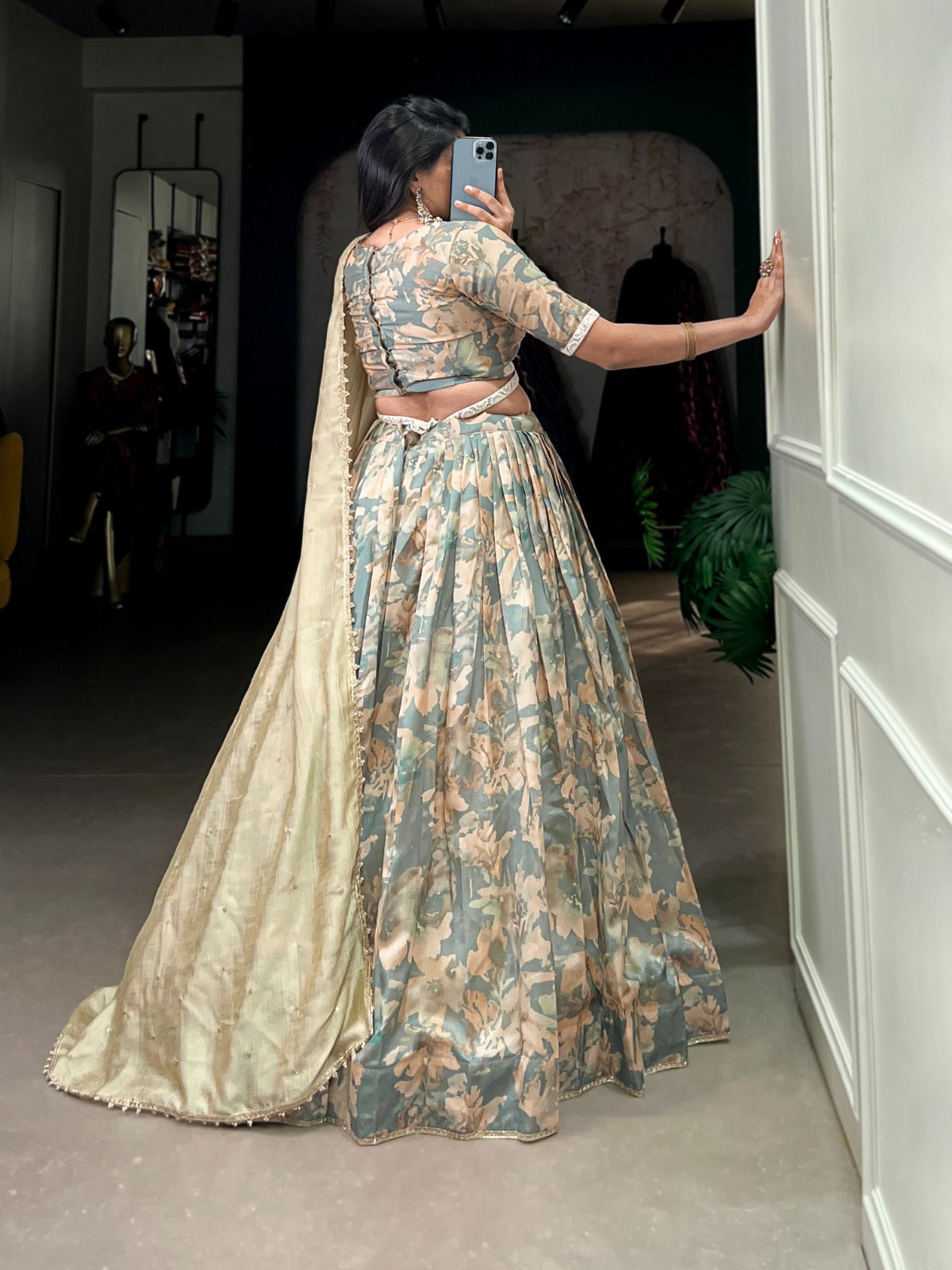 Sea green color tussar silk lehenga choli for party