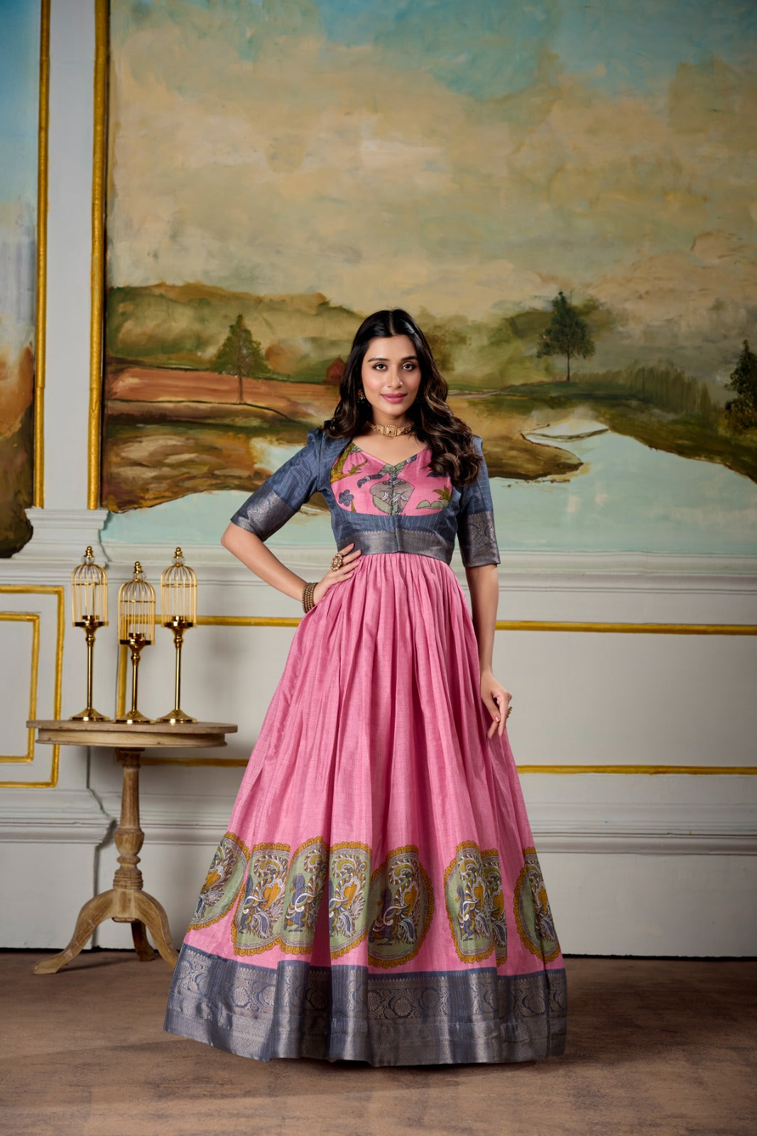 Pink color dola silk kalamkari printed long gown price 