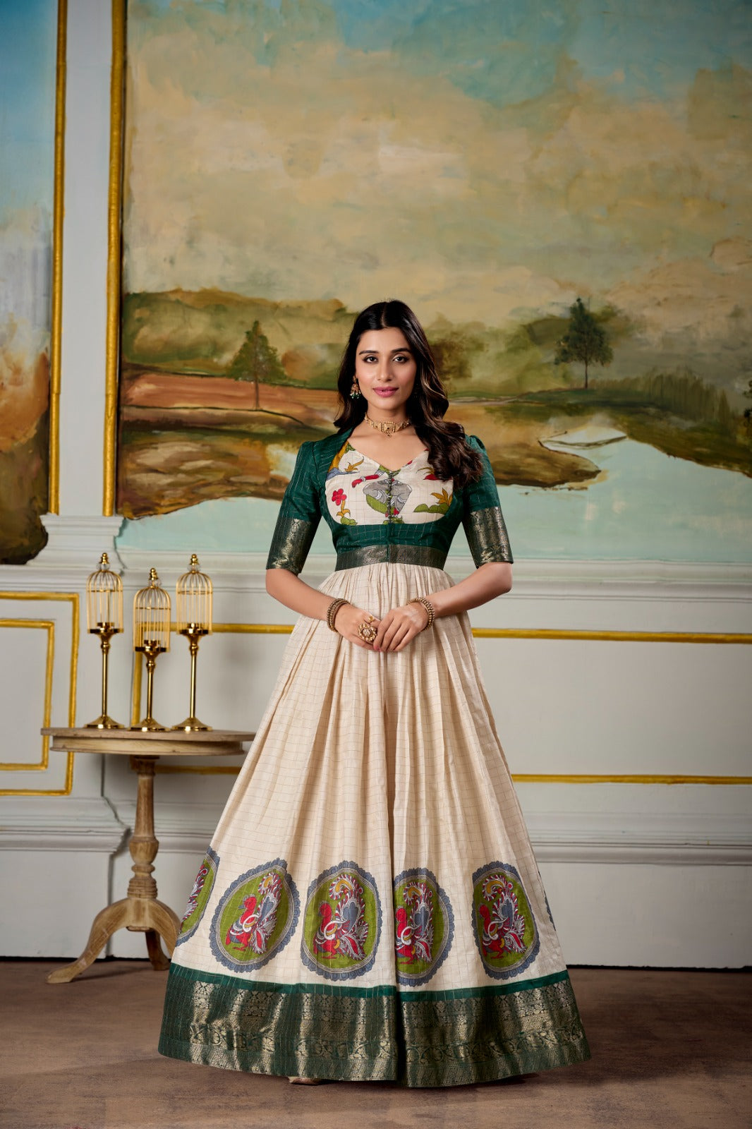 Green color dola silk printed long gown price
