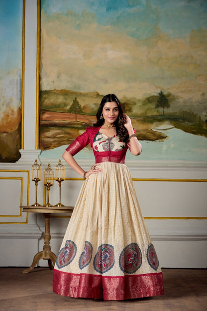 Red color dola silk long gown with koti 