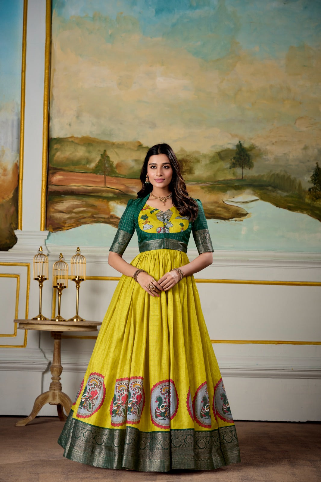 Parrot color dola silk anarkali gown for women
