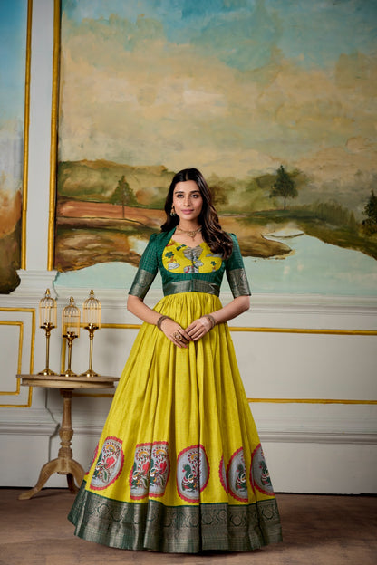 Parrot color dola silk anarkali gown for women