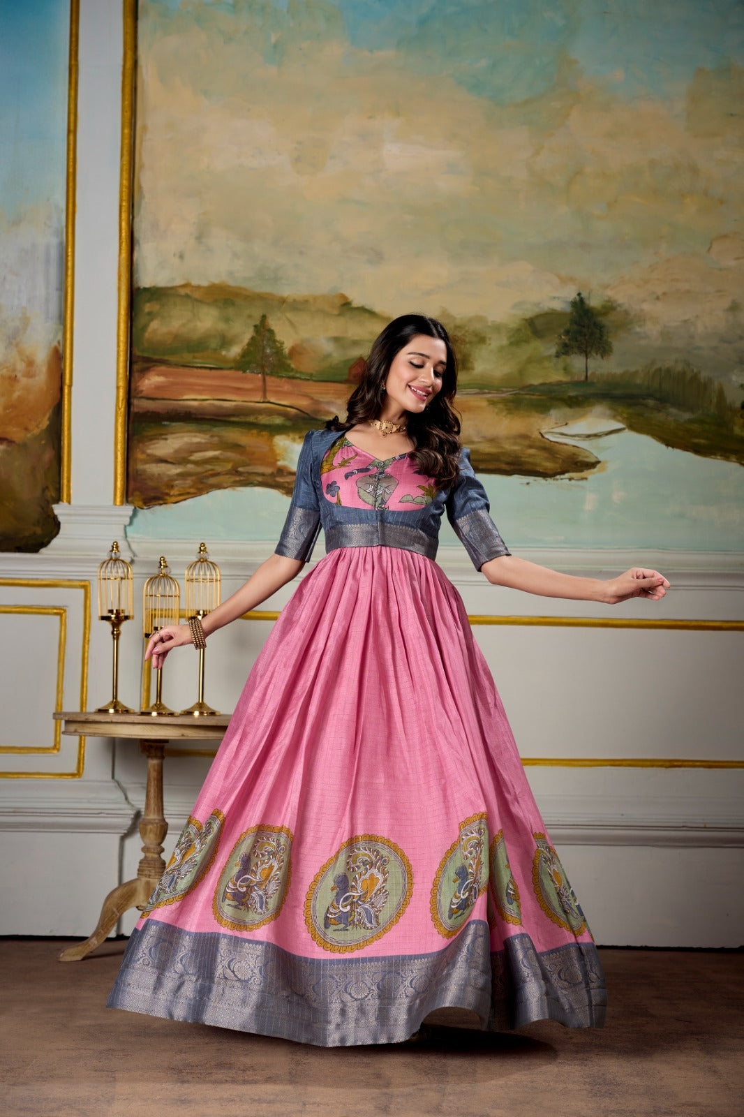 Pink color dola silk kalamkari printed long gown with koti images