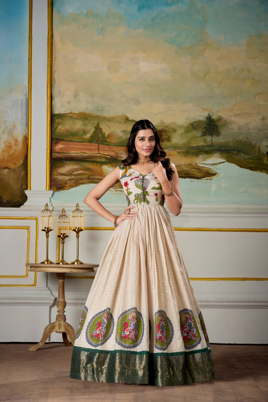Green color dola silk printed long gown with koti images