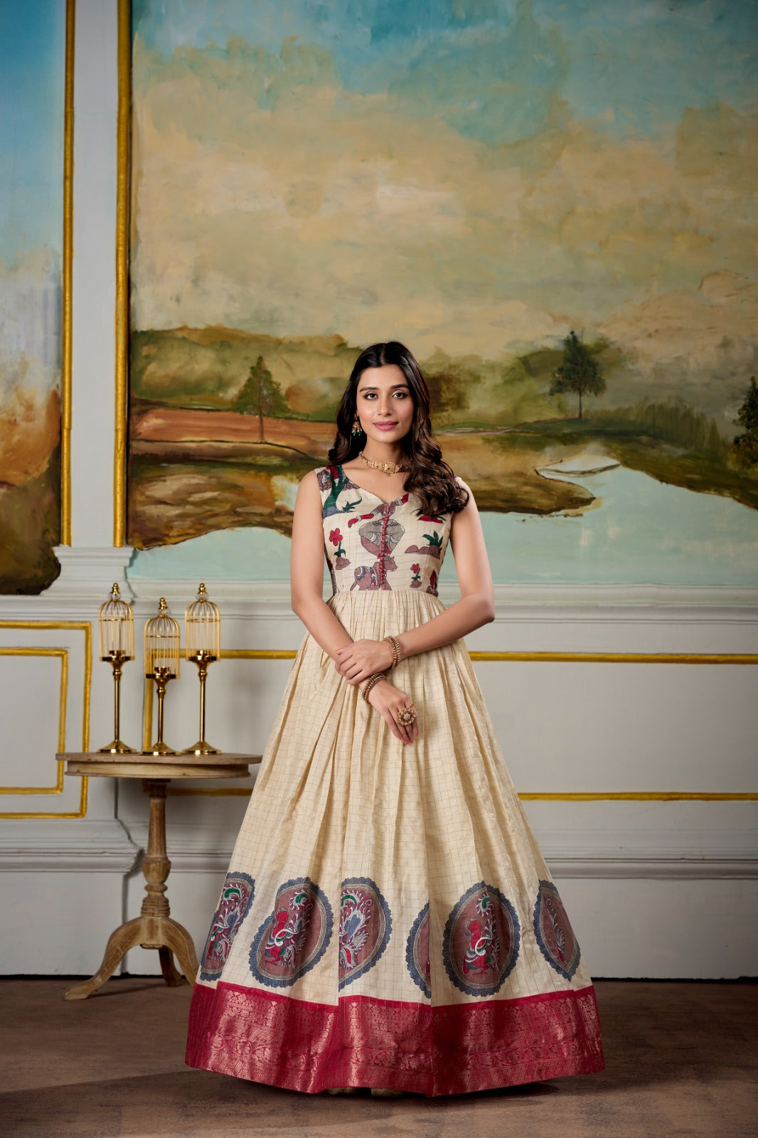 Red color dola silk long gown with koti images
