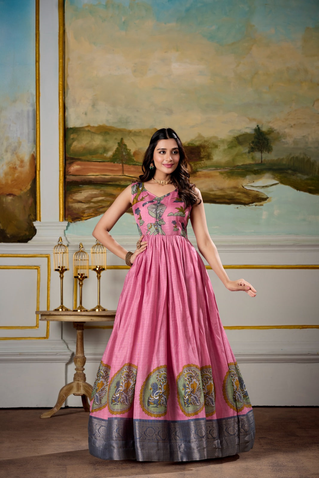 Pink color dola silk kalamkari printed long gown with koti online