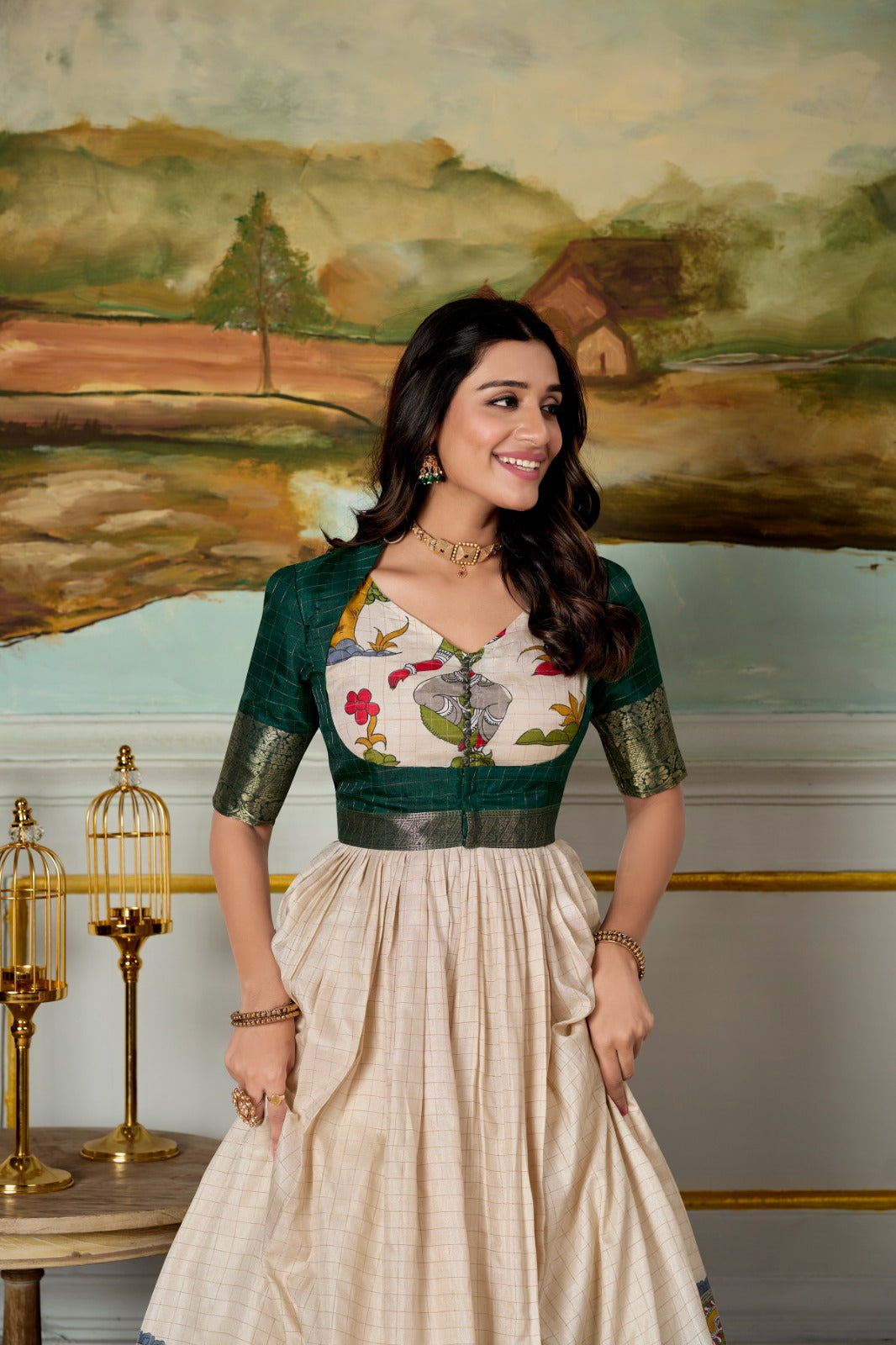 Green color dola silk printed long gown with koti online shopping
