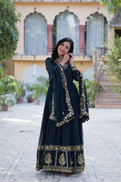 Teal blue color georgette long gown with dupatta online