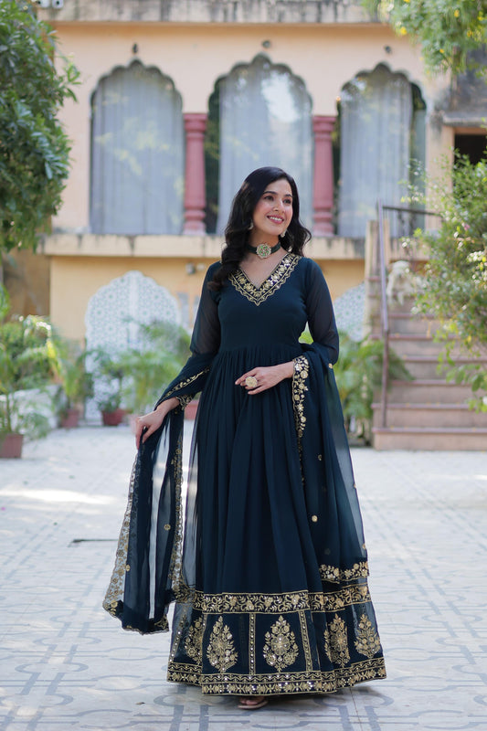 Teal blue color georgette long gown with dupatta mages
