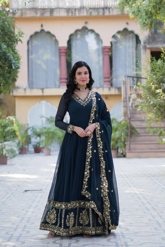 Teal blue color georgette long gown for women