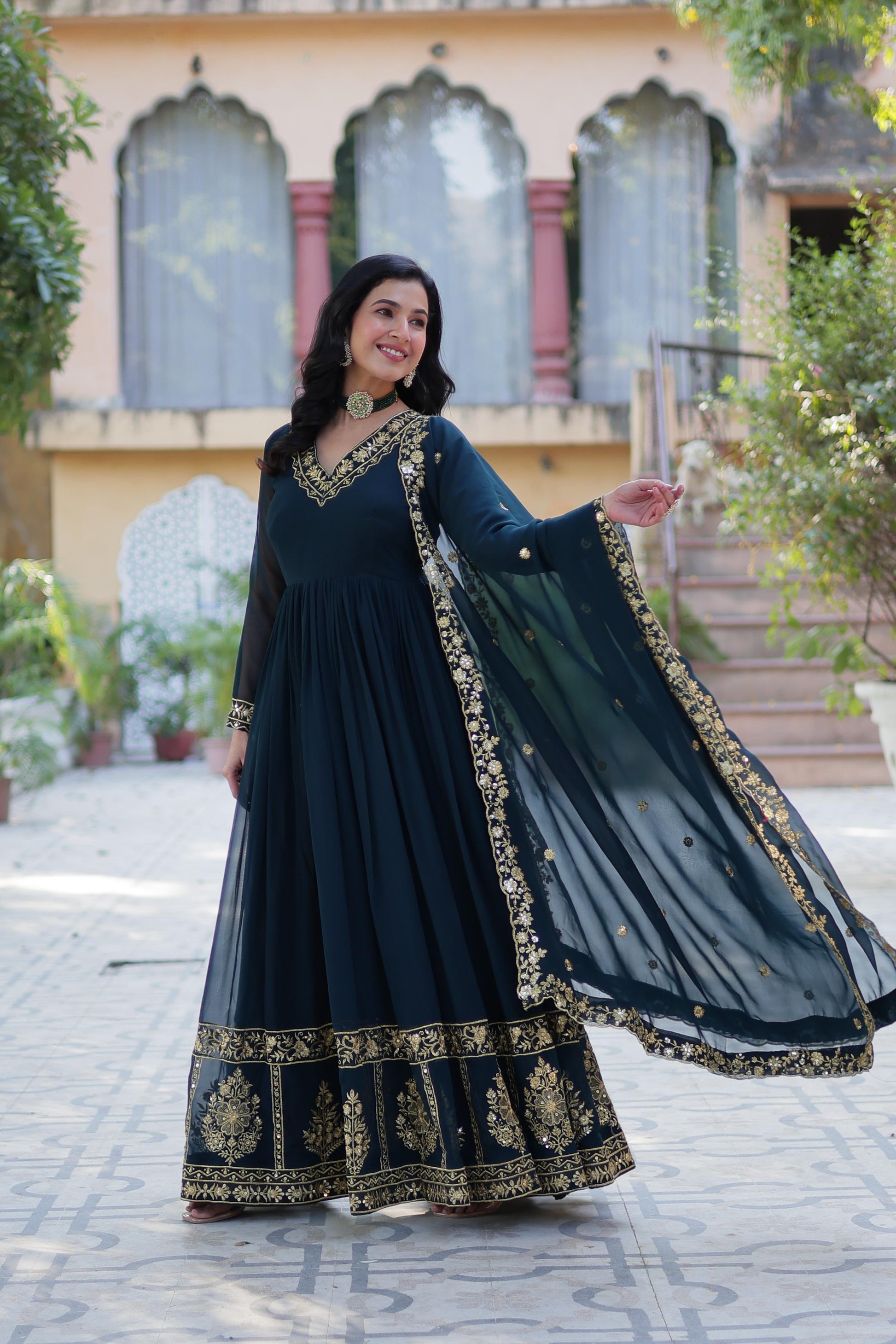 Teal blue color georgette long gown with dupatta online shopping