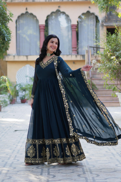 Teal blue color georgette long gown with dupatta online shopping
