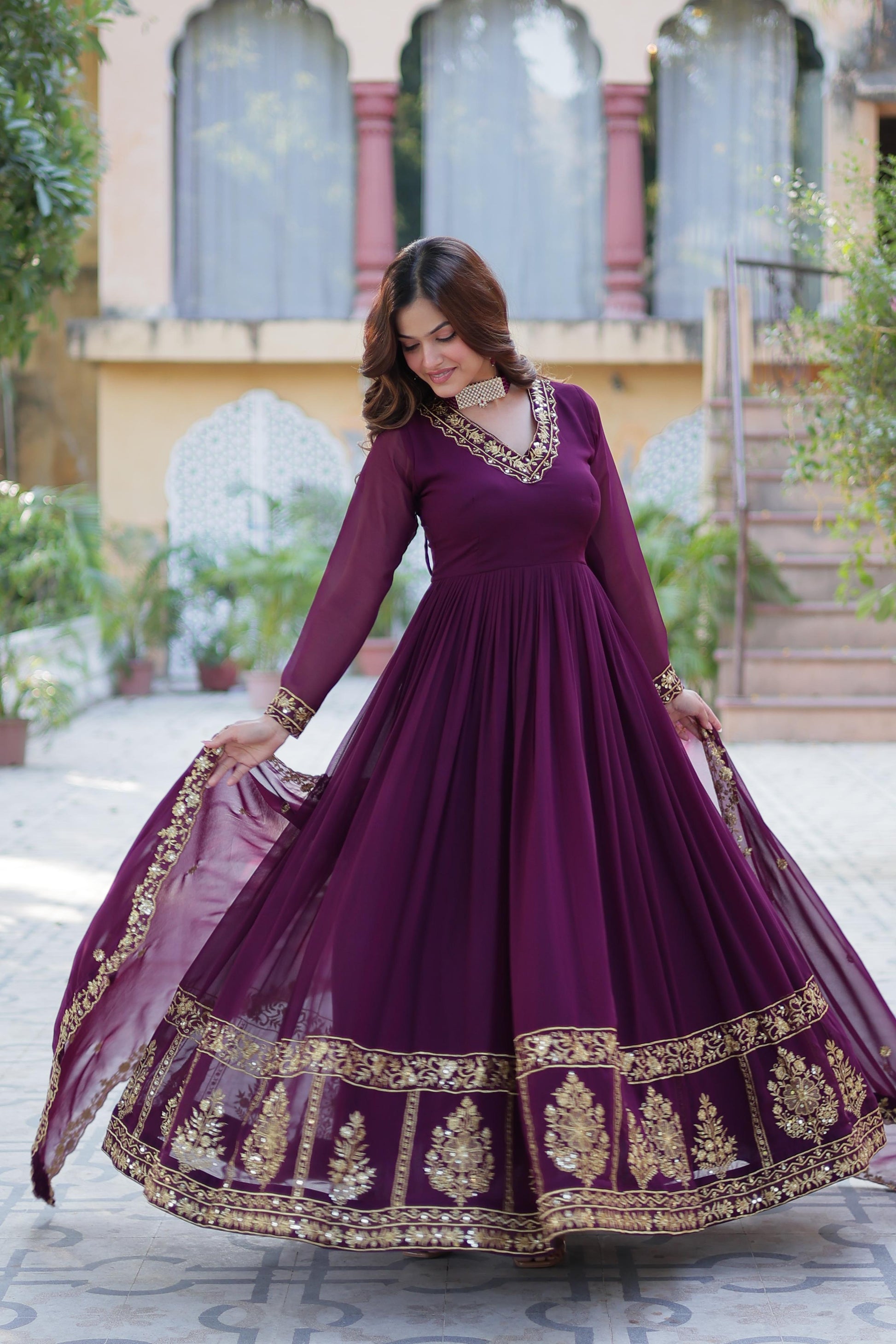 Wine color georgette long gown with dupatta price