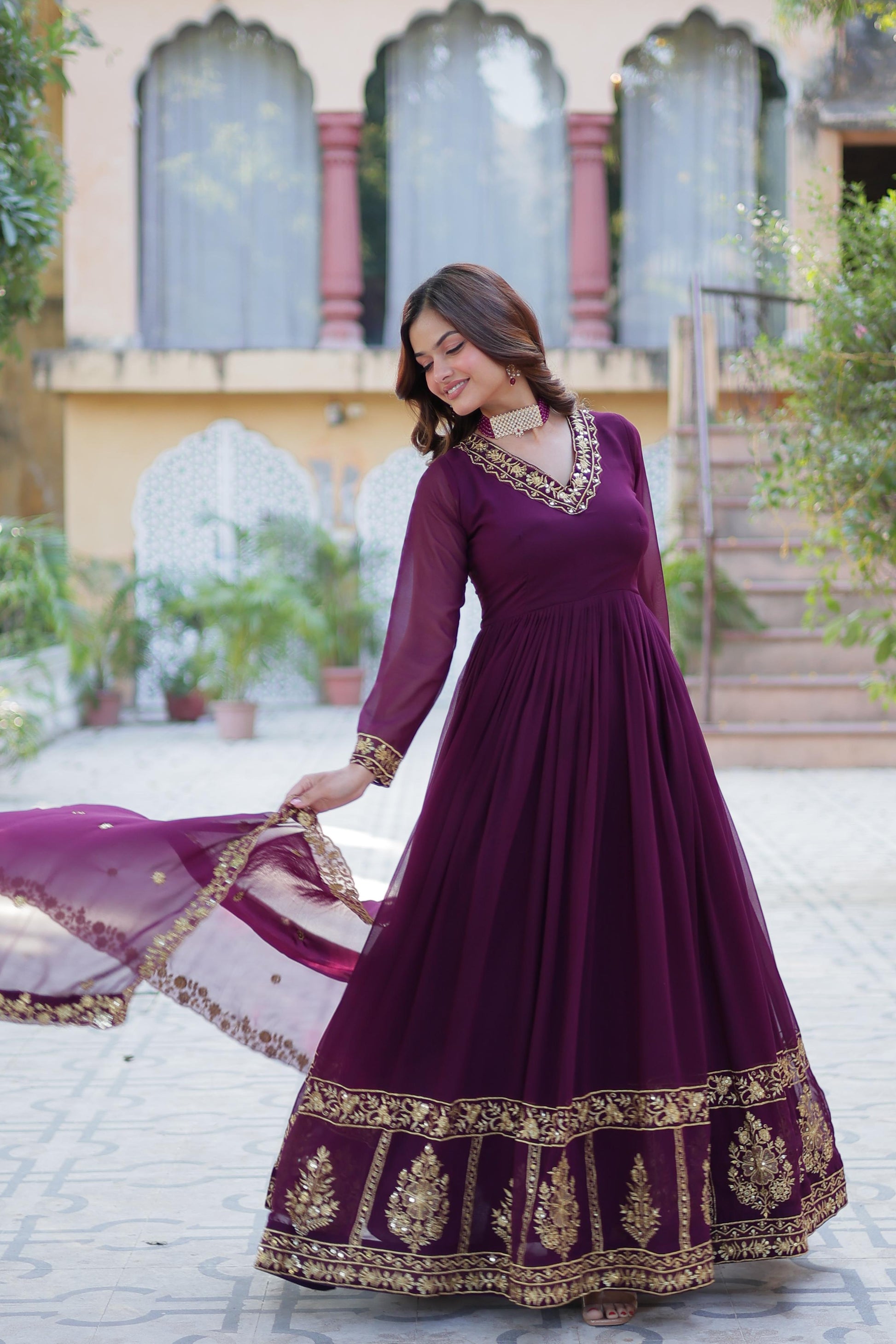 Wine color georgette long gown with dupatta images