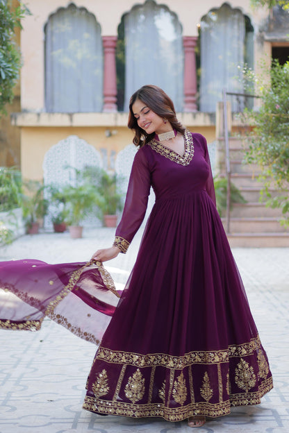 Wine color georgette long gown with dupatta images