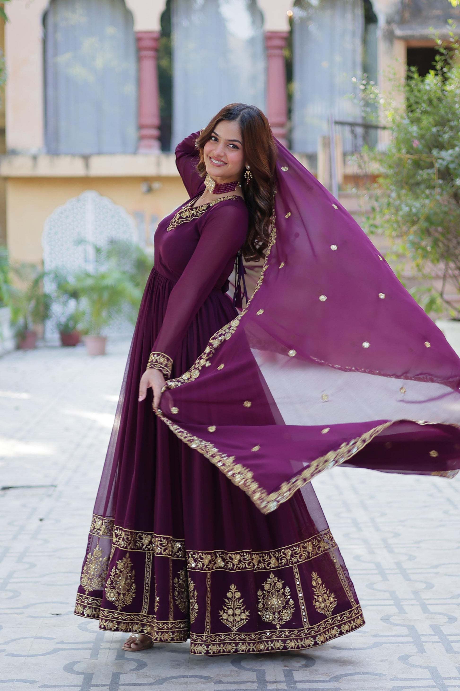 Wine color georgette long gown with dupatta online