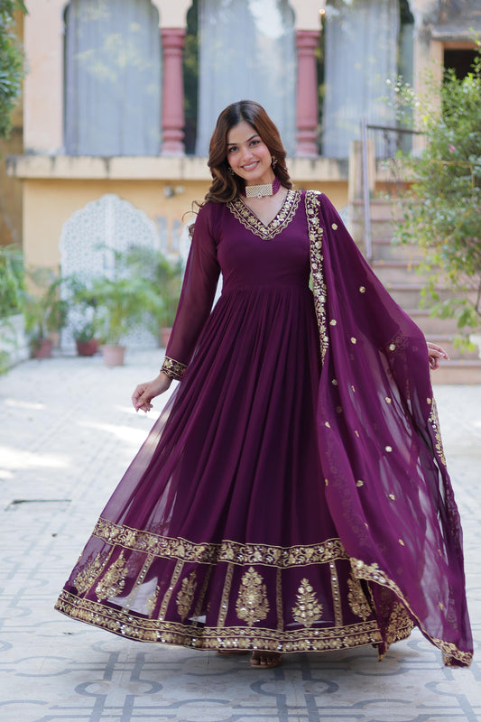Wine color georgette long gown with dupatta online shopping