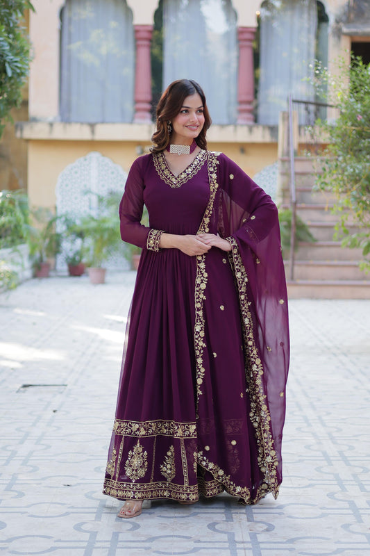 Wine color georgette long gown for women