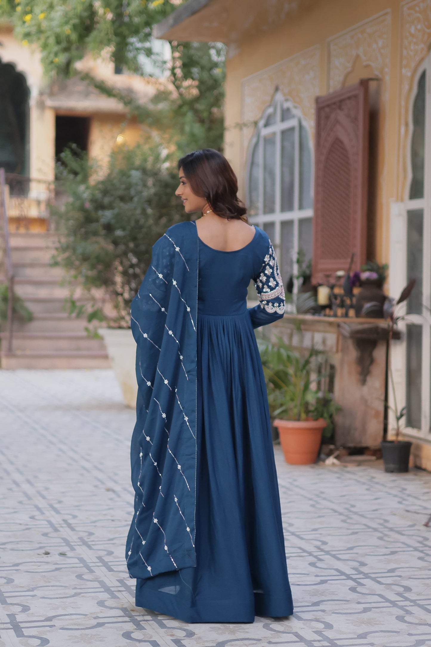 Rama color star georgette long gown with dupatta online