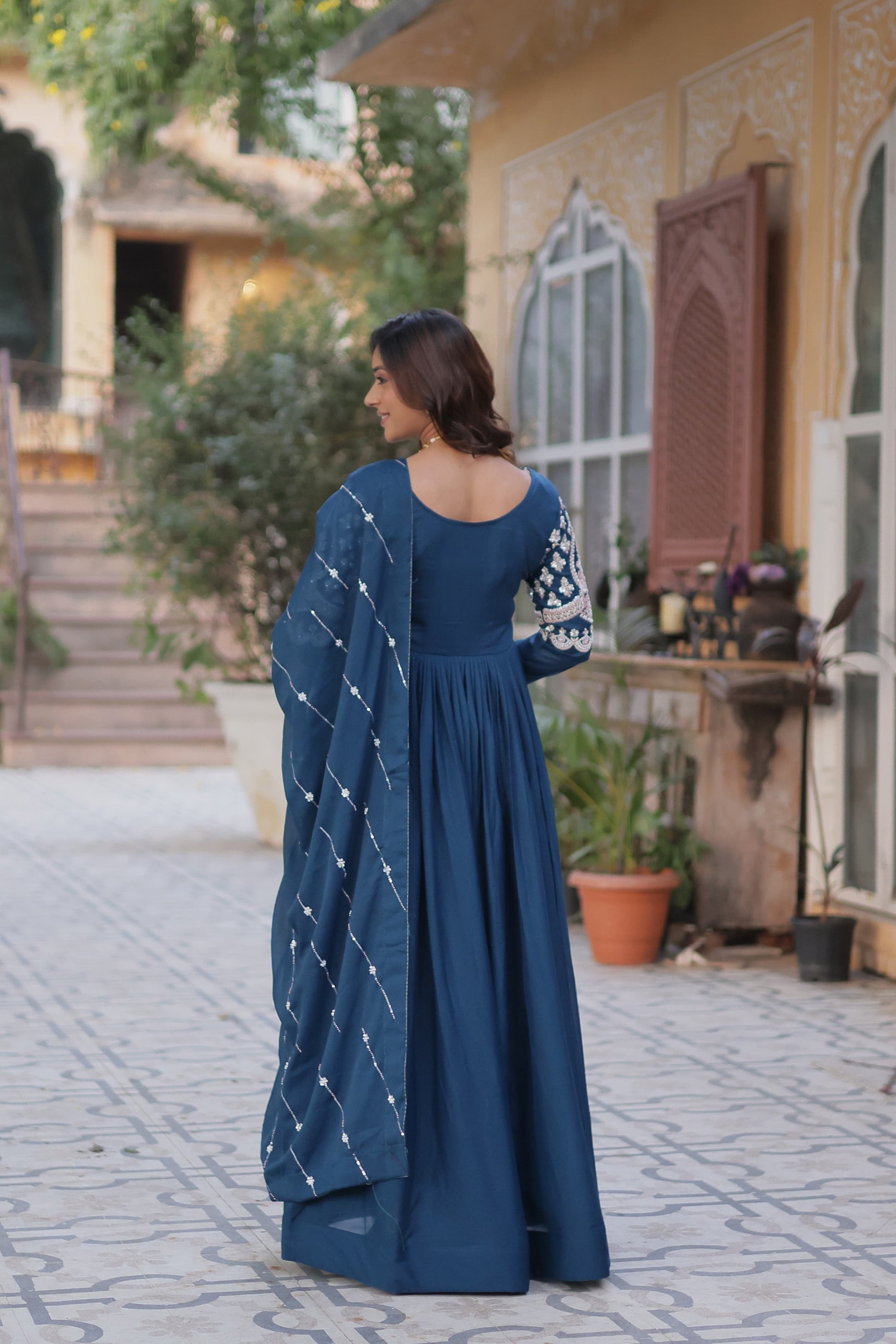 Rama color star georgette long gown with dupatta online