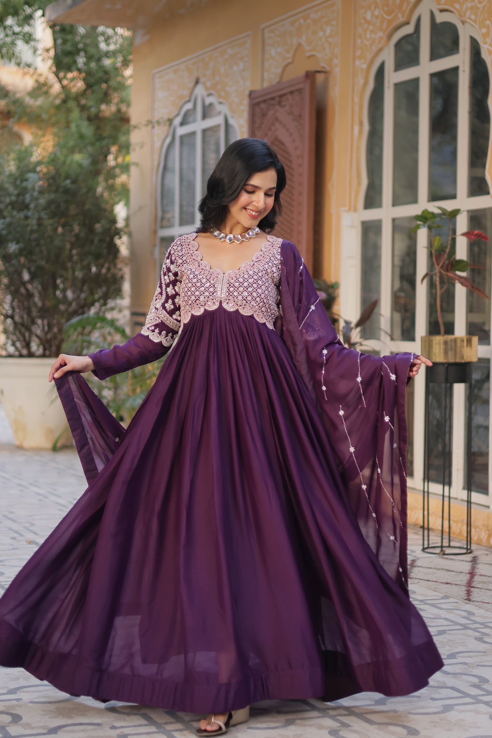 purple color anarkali dress Meghna Purple Cotton embroidery Anarkali Suit Set XXL / Purple