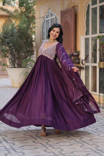 Wine color star georgette long gown with dupatta images