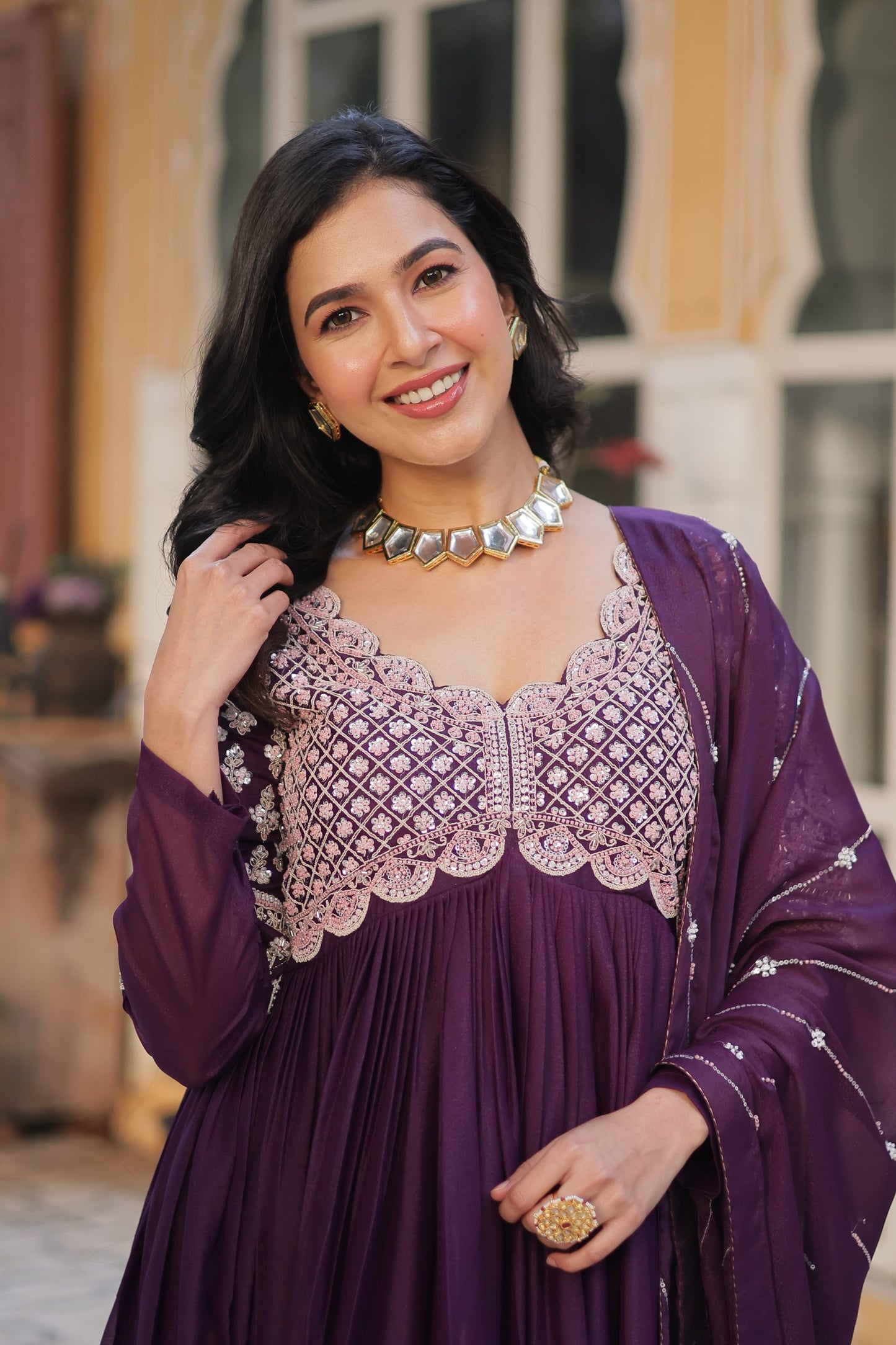 Wine color star georgette long gown with dupatta online shopping