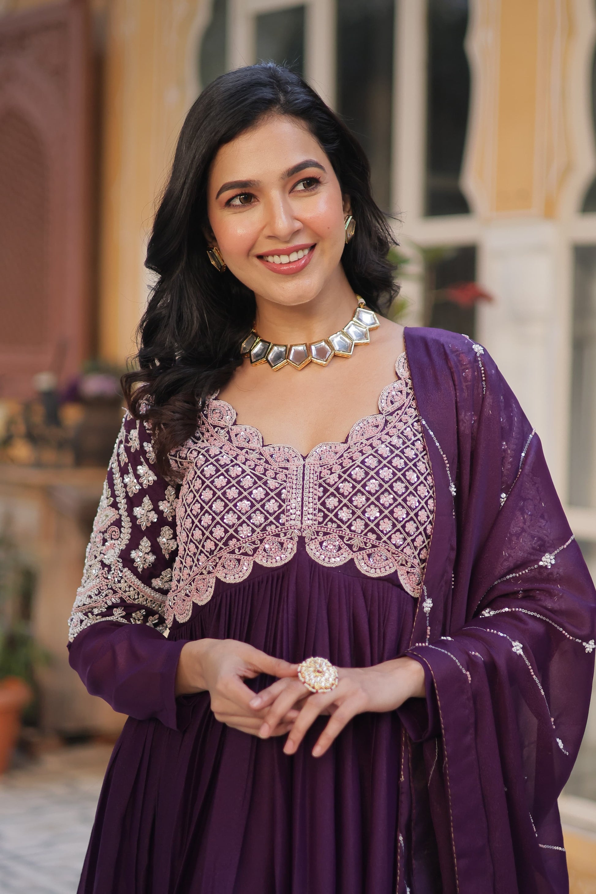 Wine color star georgette long gown with dupatta price