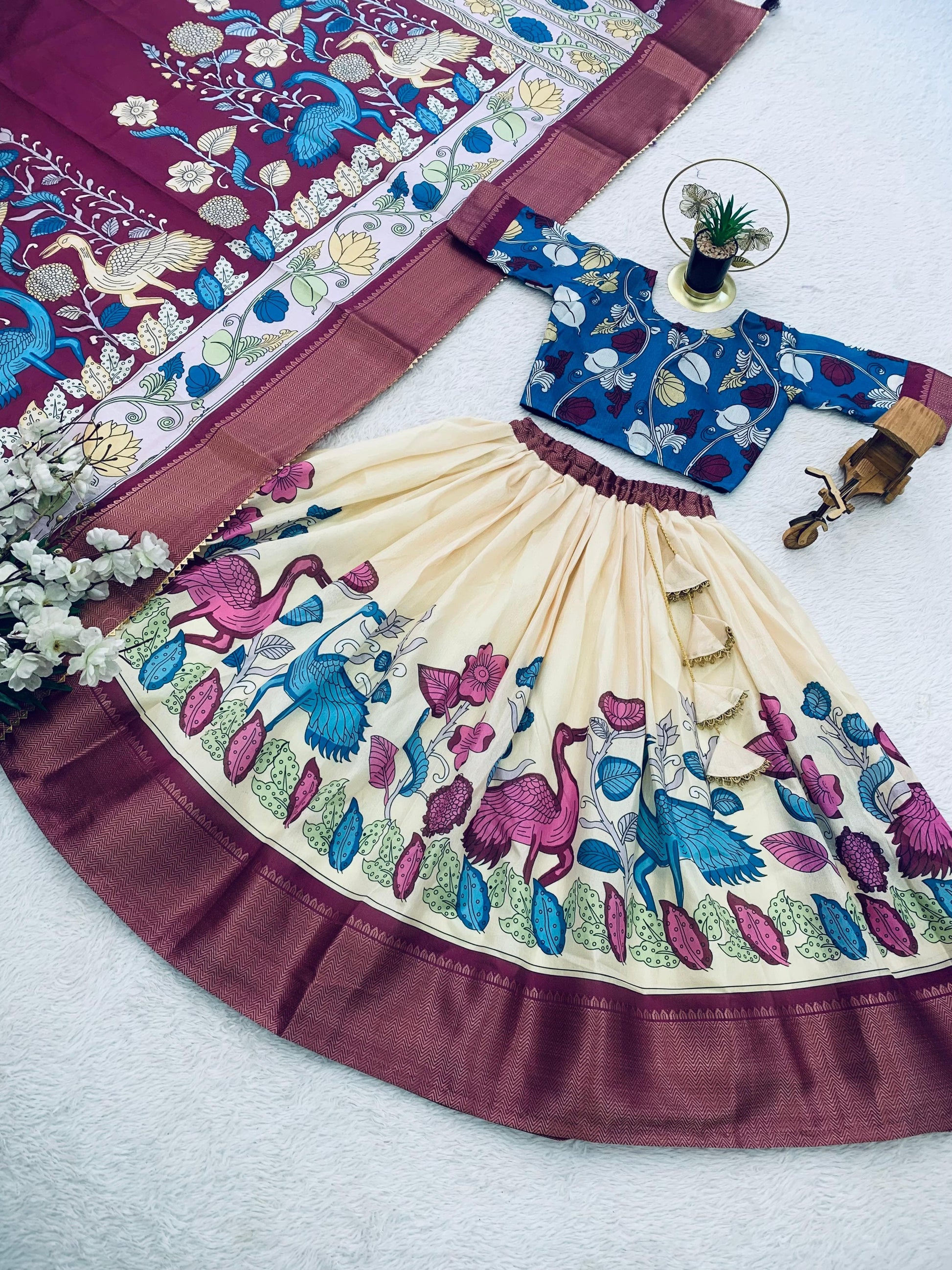 Cream color dola silk printed lehenga choli for wedding