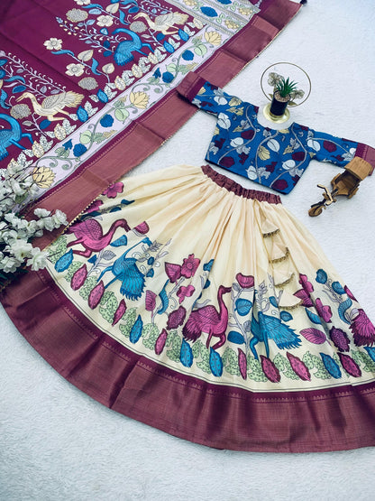 Cream color dola silk printed lehenga choli for wedding