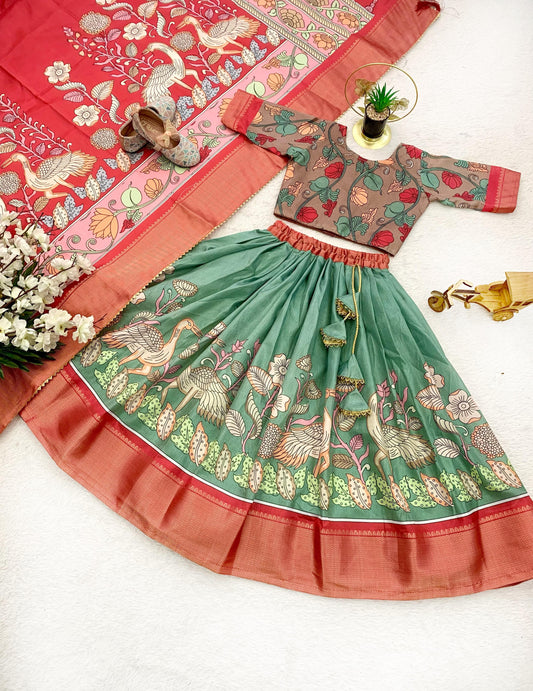 Green color dola silk kalamkari printed lehenga choli for women