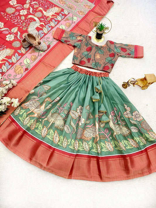 Green color dola silk kalamkari printed lehenga choli with dupatta 